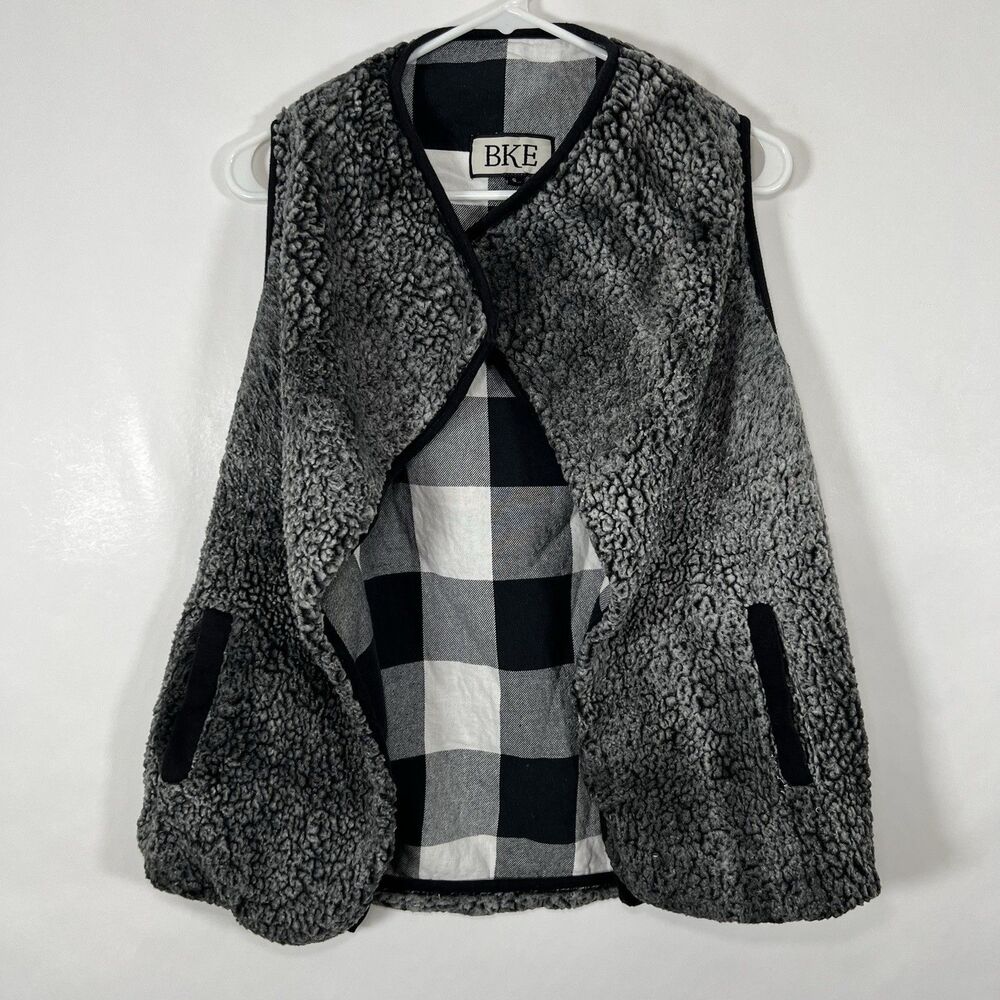 Buckle BKE Open Cardigan Sweater Vest Womens Small Sherpa Fleece Gray Pockets